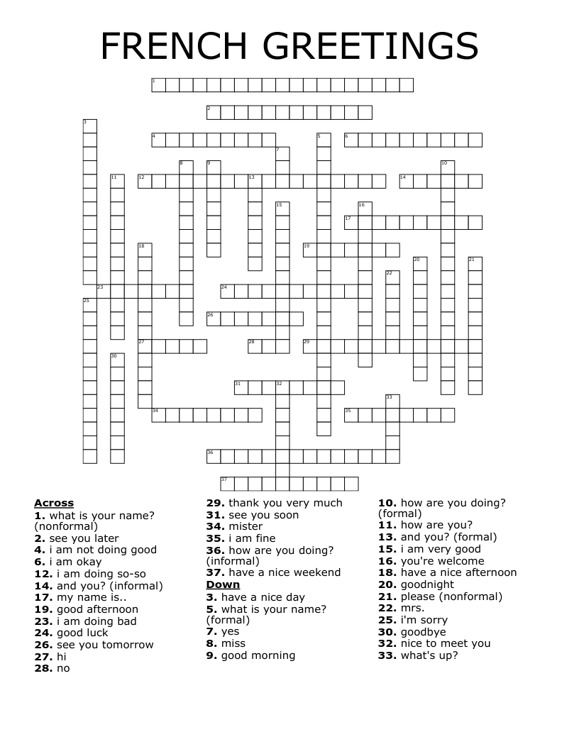 FRENCH GREETINGS Crossword WordMint FRENCH GREETINGS Crossword WordMint