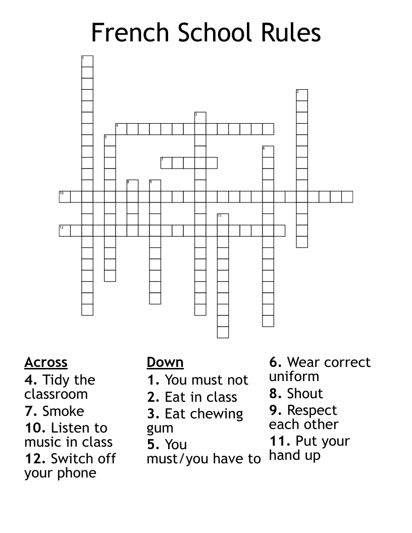 French School Rules Crossword WordMint French School Rules Crossword WordMint