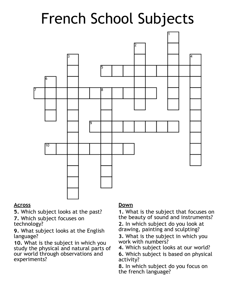 French School Subjects Crossword WordMint