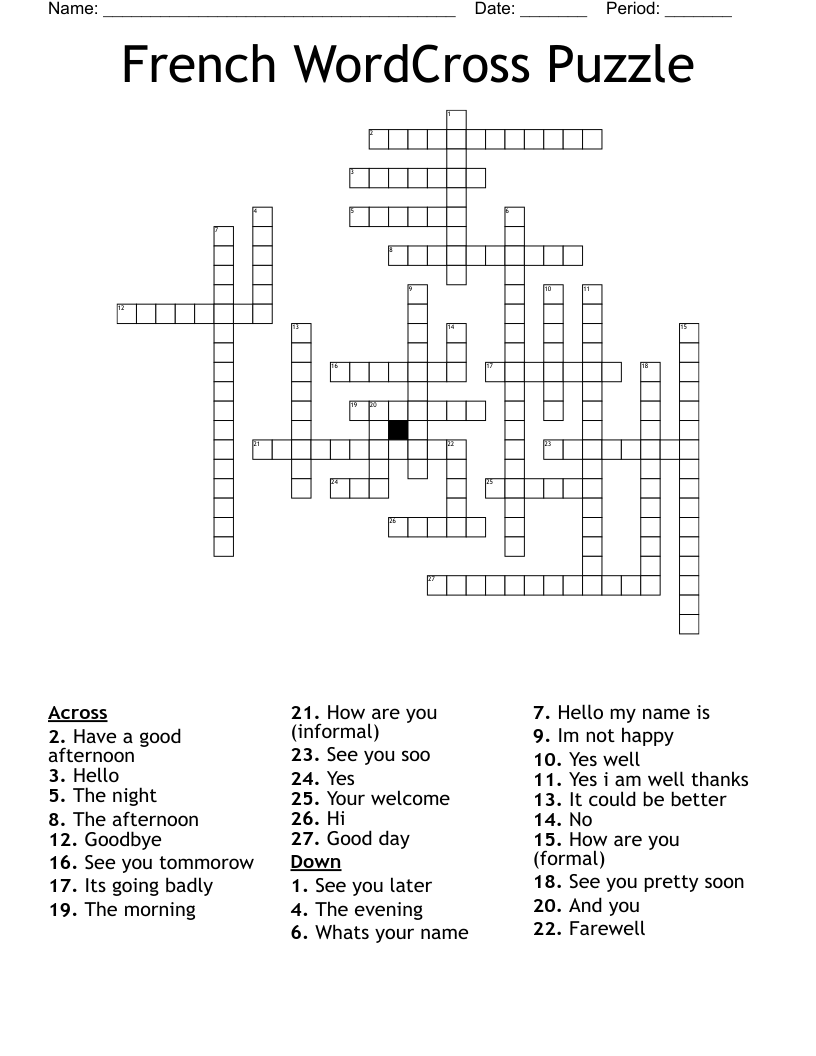 French WordCross Puzzle Crossword WordMint French WordCross Puzzle Crossword WordMint