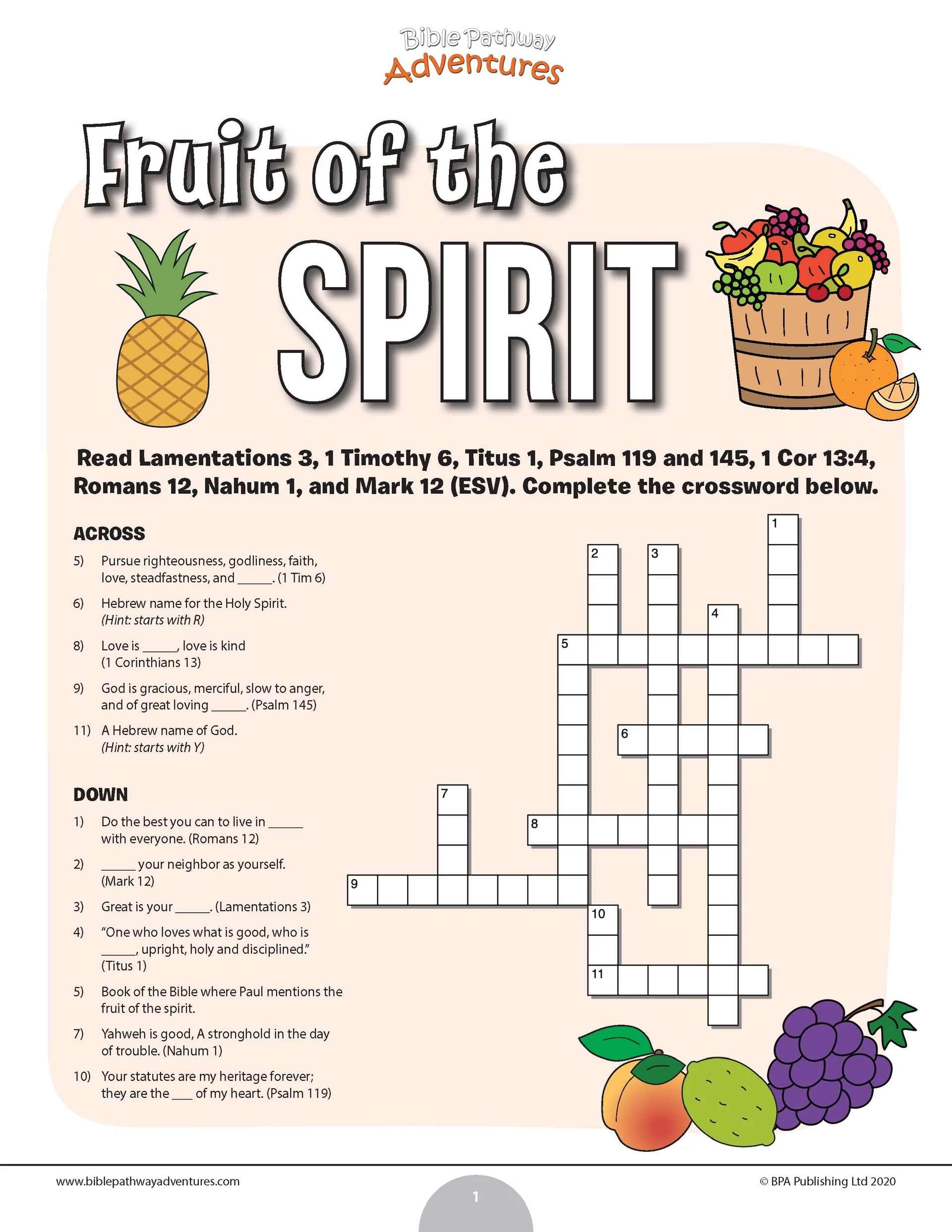 Fruit Of The Spirit Bible Crossword Puzzle PDF Bible Pathway Adventures
