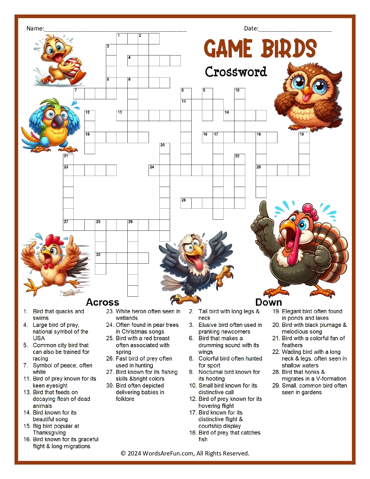 Game Birds Crossword Puzzle Game Birds Crossword Puzzle