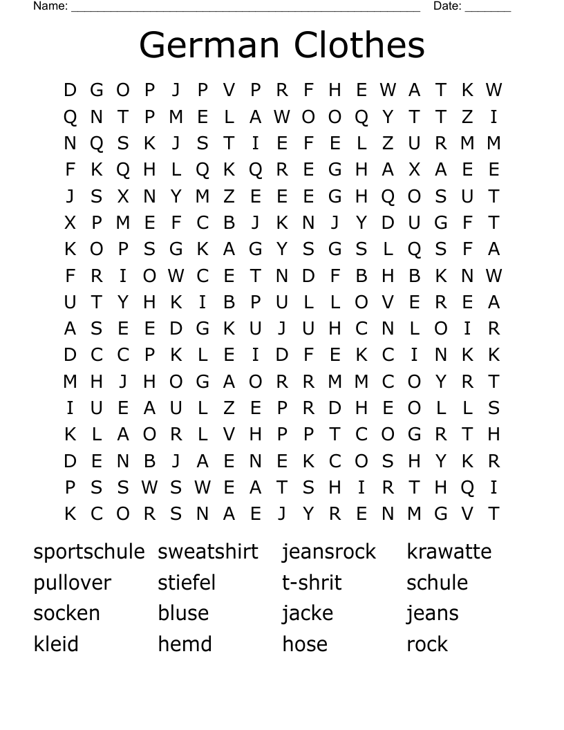 German Clothes Word Search WordMint