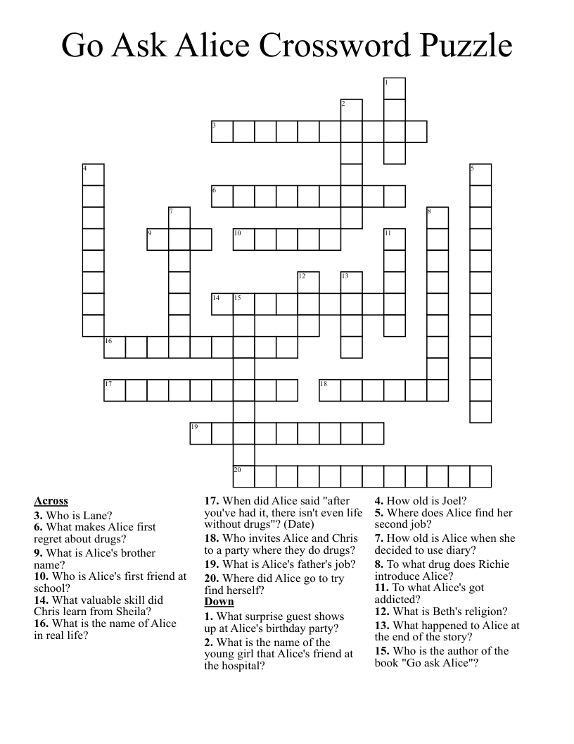 Go Ask Alice Crossword Puzzle WordMint