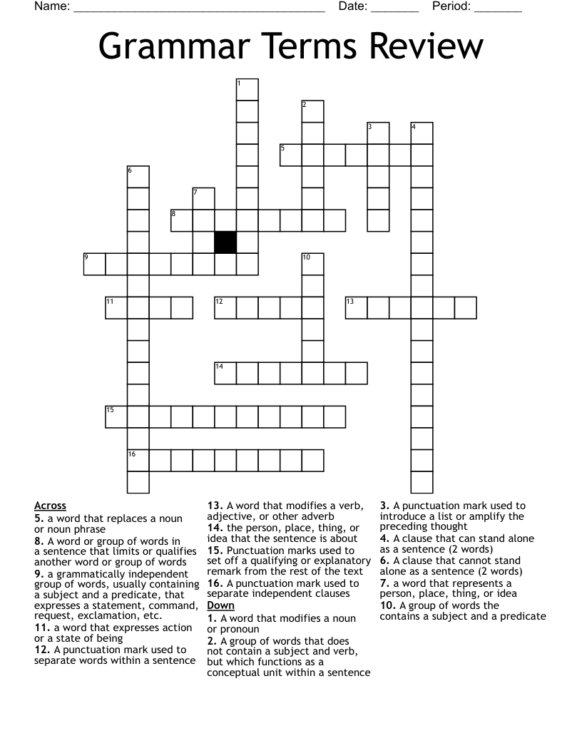 Grammar Terms Review Crossword WordMint