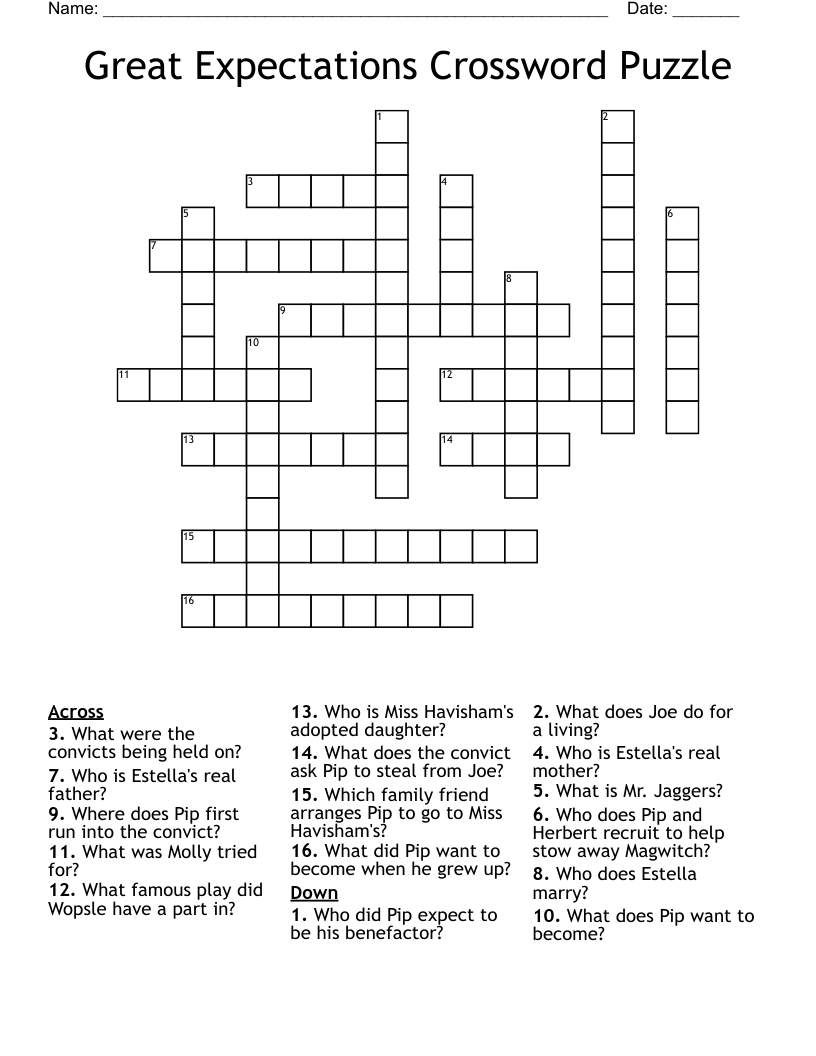 Great Expectations Crossword Puzzle WordMint