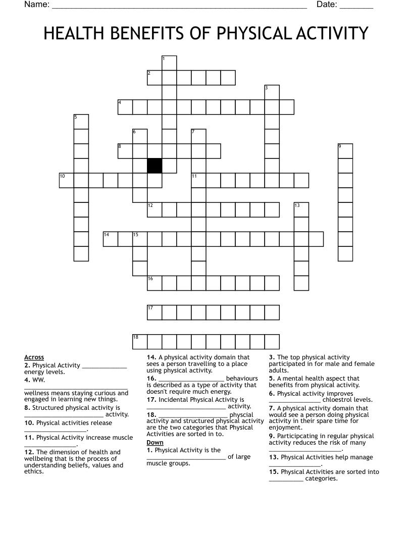 HEALTH BENEFITS OF PHYSICAL ACTIVITY Crossword WordMint