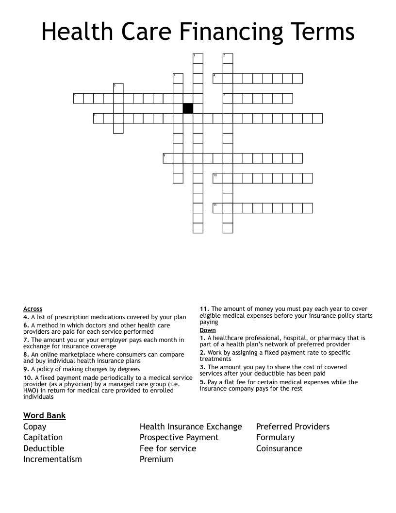 Health Care Financing Terms Crossword WordMint