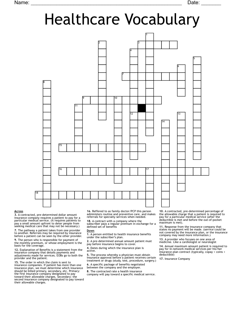 Healthcare Vocabulary Crossword WordMint