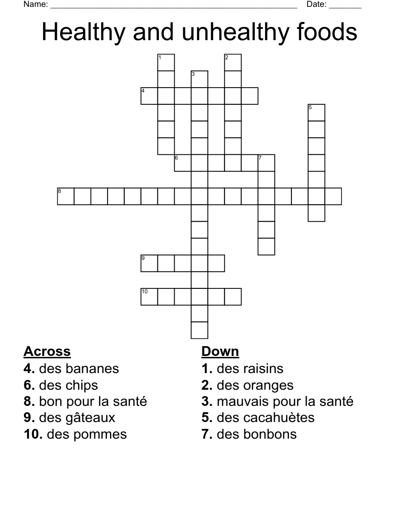 Healthy And Unhealthy Foods Crossword WordMint Healthy And Unhealthy Foods Crossword WordMint