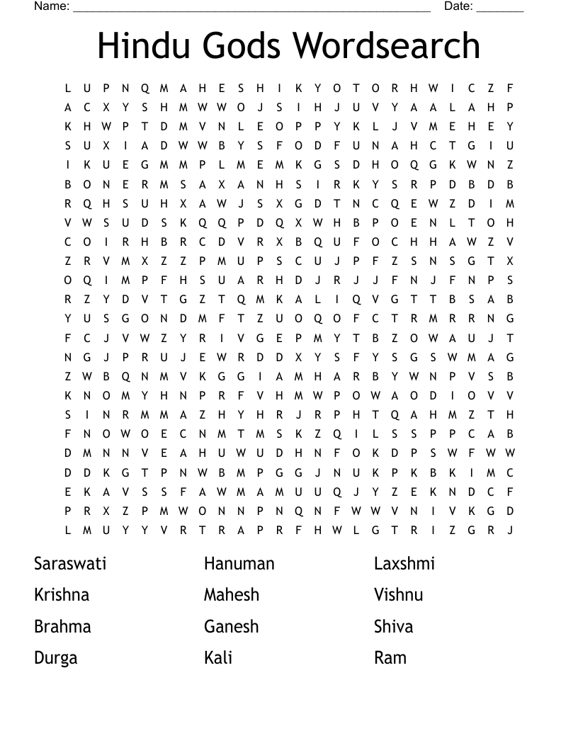 Hindu Gods Wordsearch WordMint Hindu Gods Wordsearch WordMint