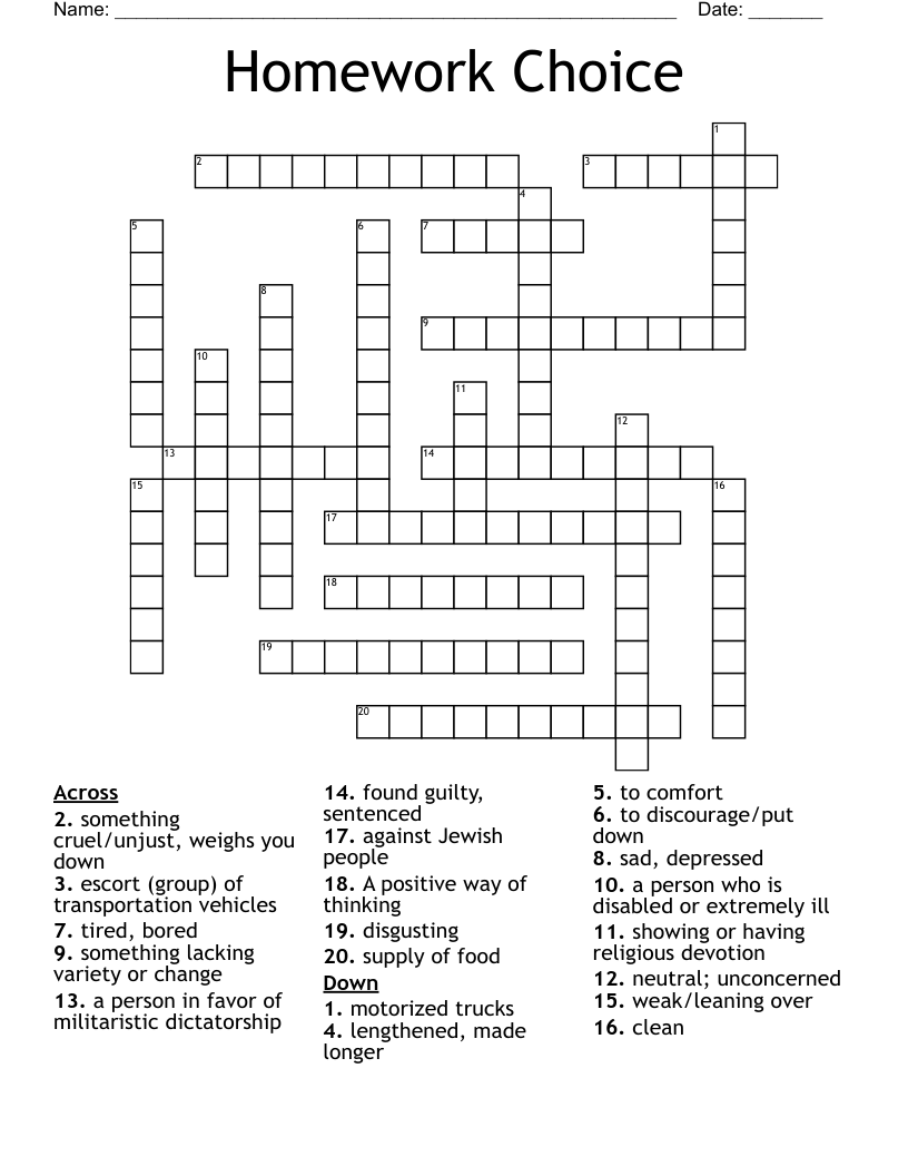 Homework Choice Crossword WordMint