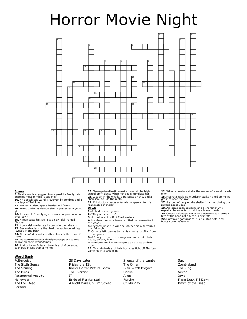Horror Movie Night Crossword WordMint