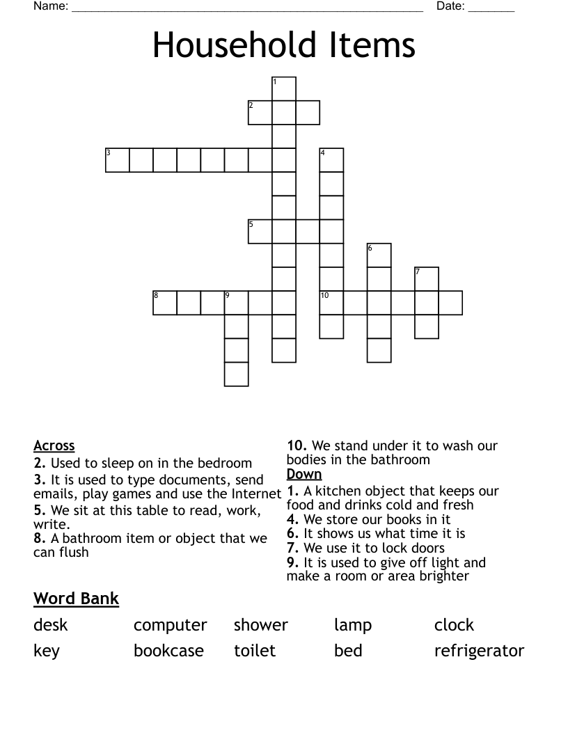 Household Items Crossword WordMint