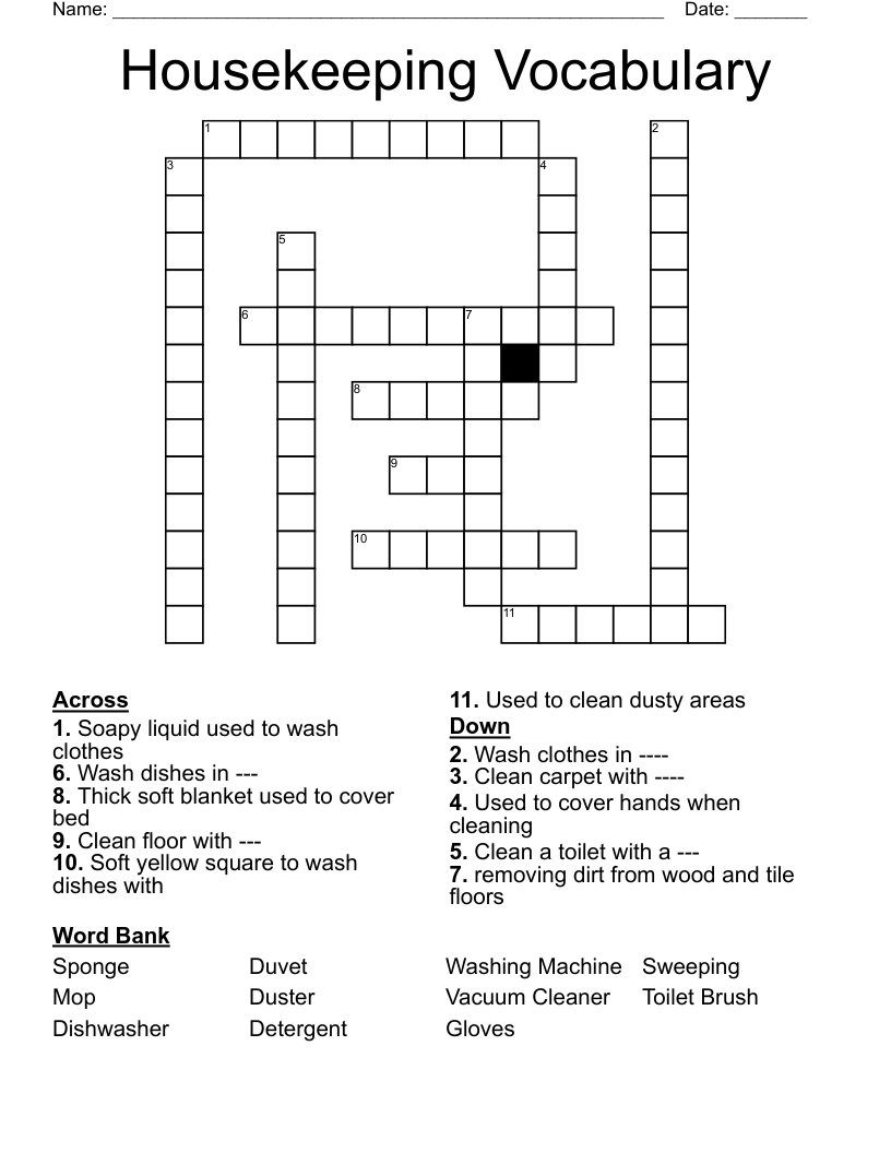 Housekeeping Vocabulary Crossword WordMint