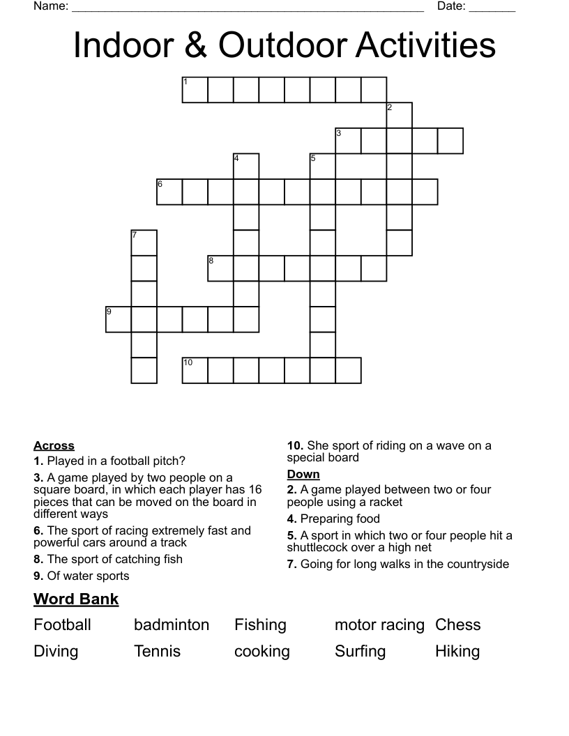 Indoor Outdoor Activities Crossword WordMint
