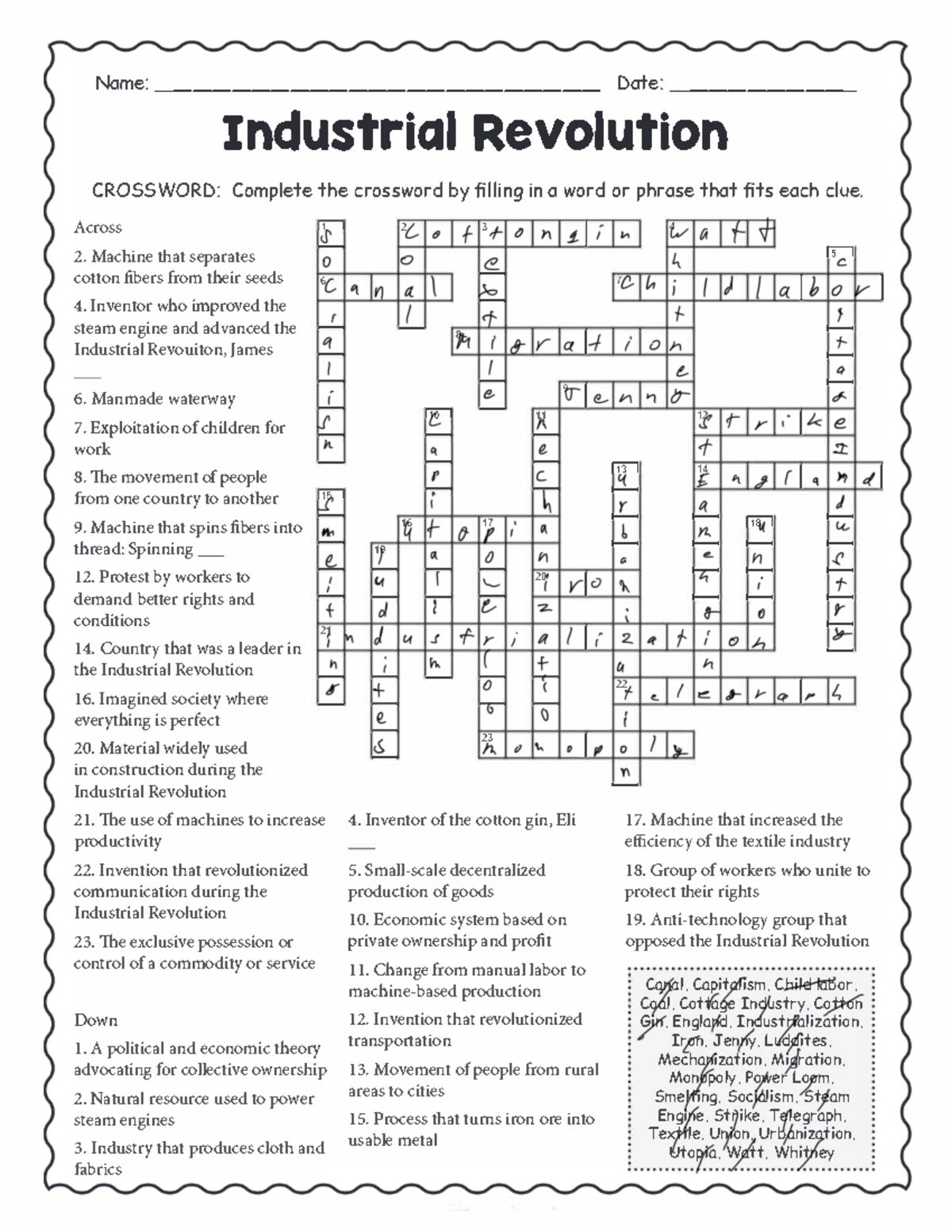 Industrial Revolution Crossword Puzzle Fill In The Blanks Studocu