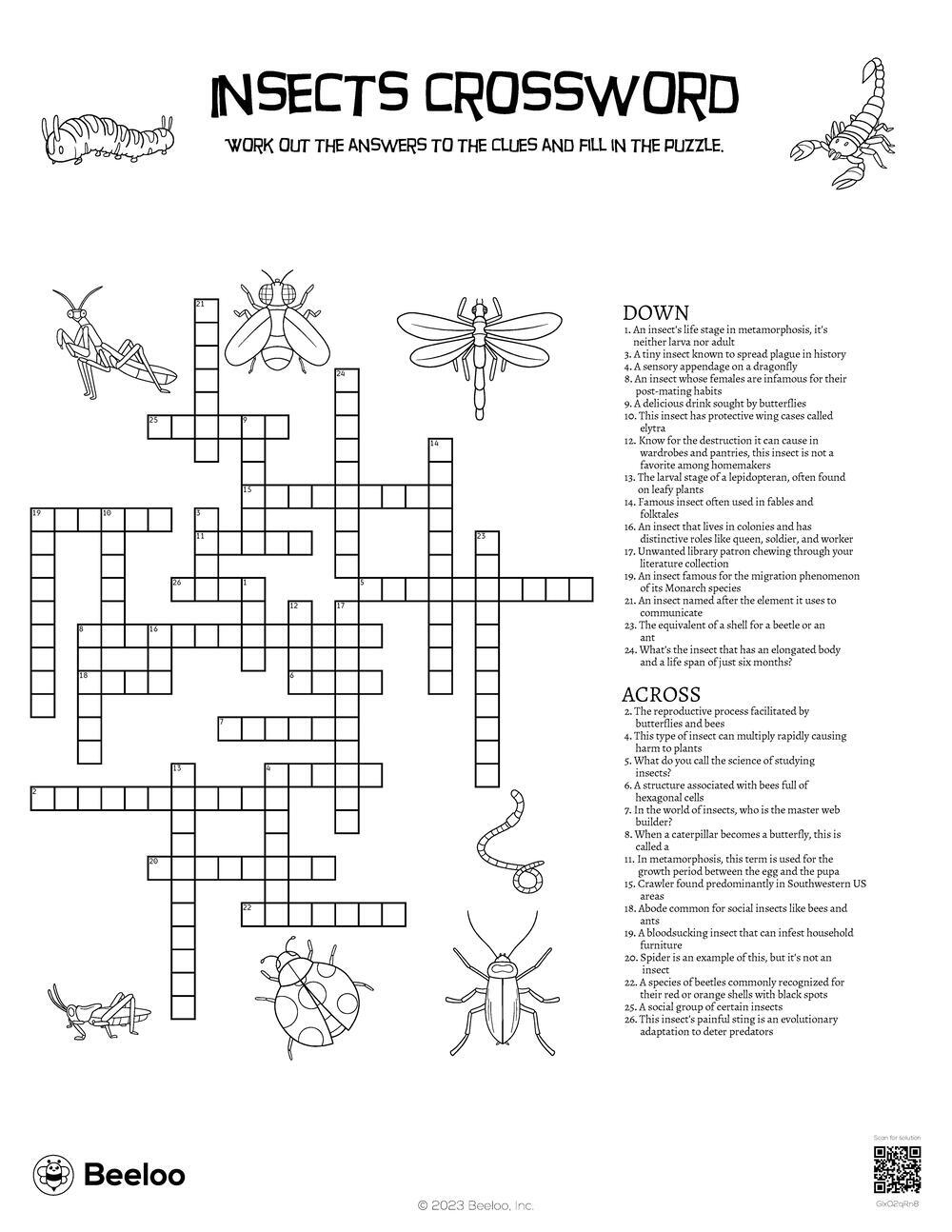 Insects Crossword Beeloo Printable Crafts And Activities For Kids
