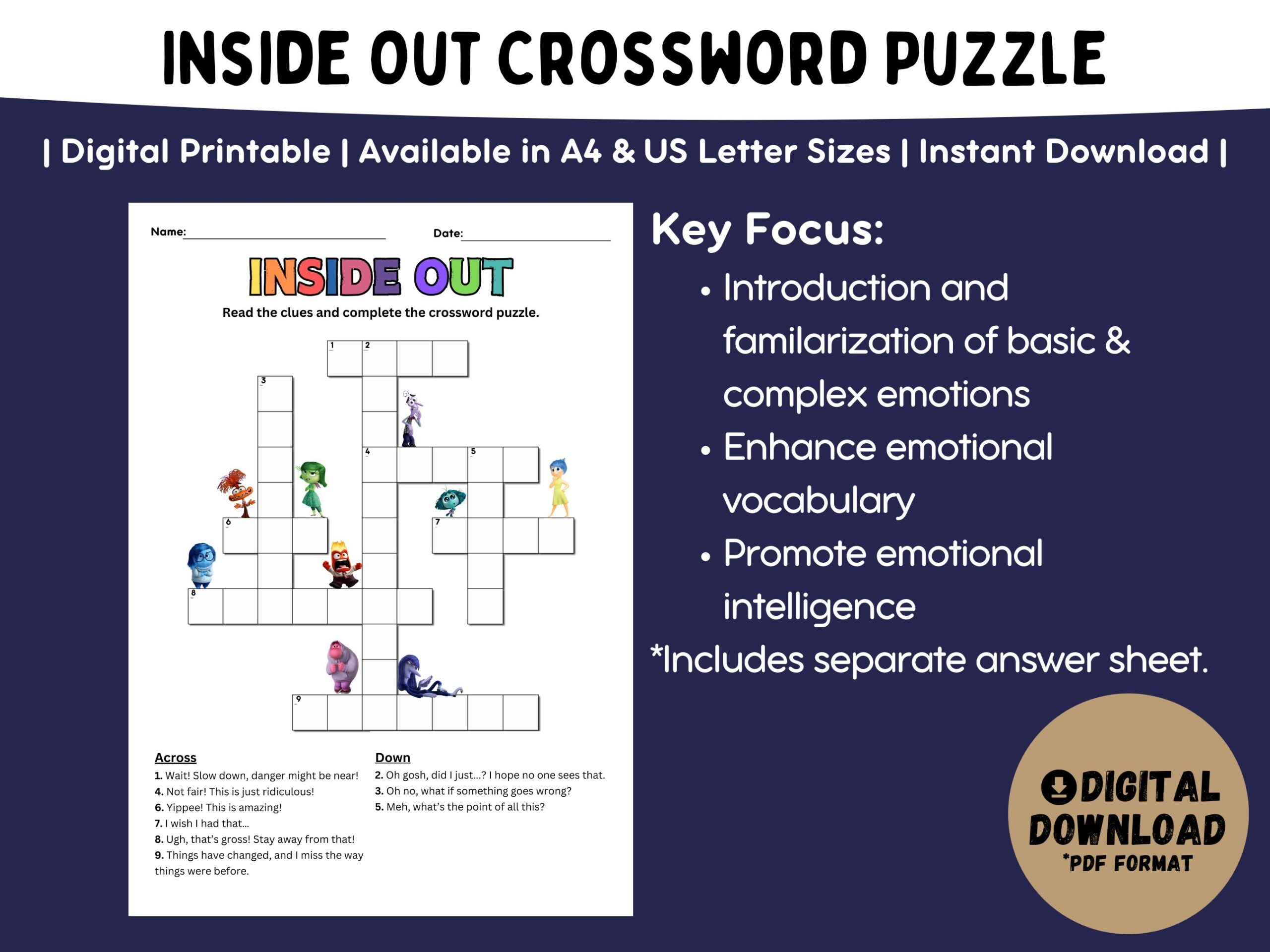 Inside Out 2 Worksheet Feelings Crossword Puzzle Activity digital Printable Etsy New Zealand