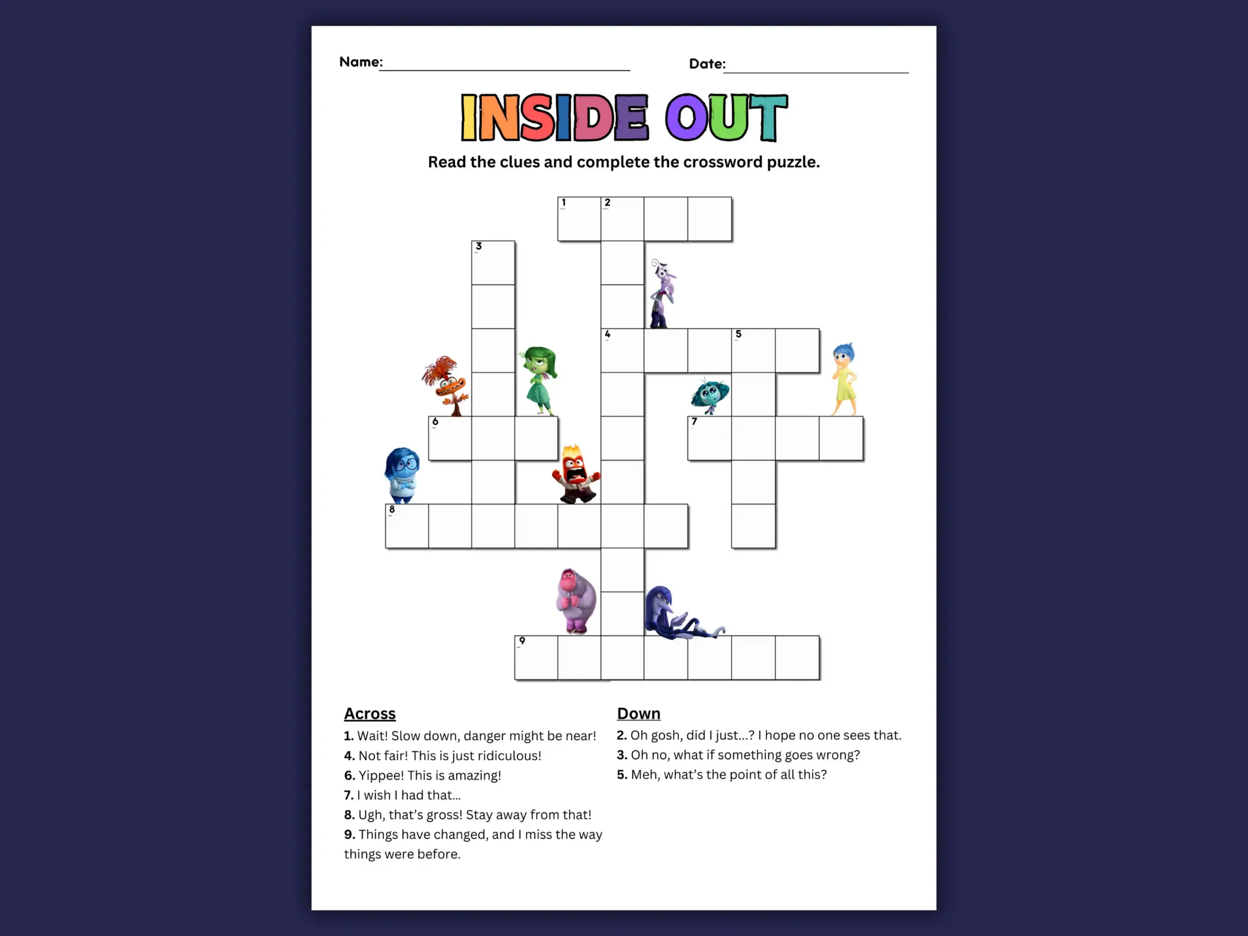 Inside Out 2 Worksheet Feelings Crossword Puzzle Activity digital Printable Etsy New Zealand
