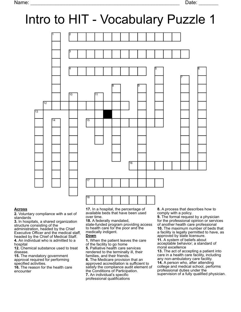Intro To HIT Vocabulary Puzzle 1 Crossword WordMint