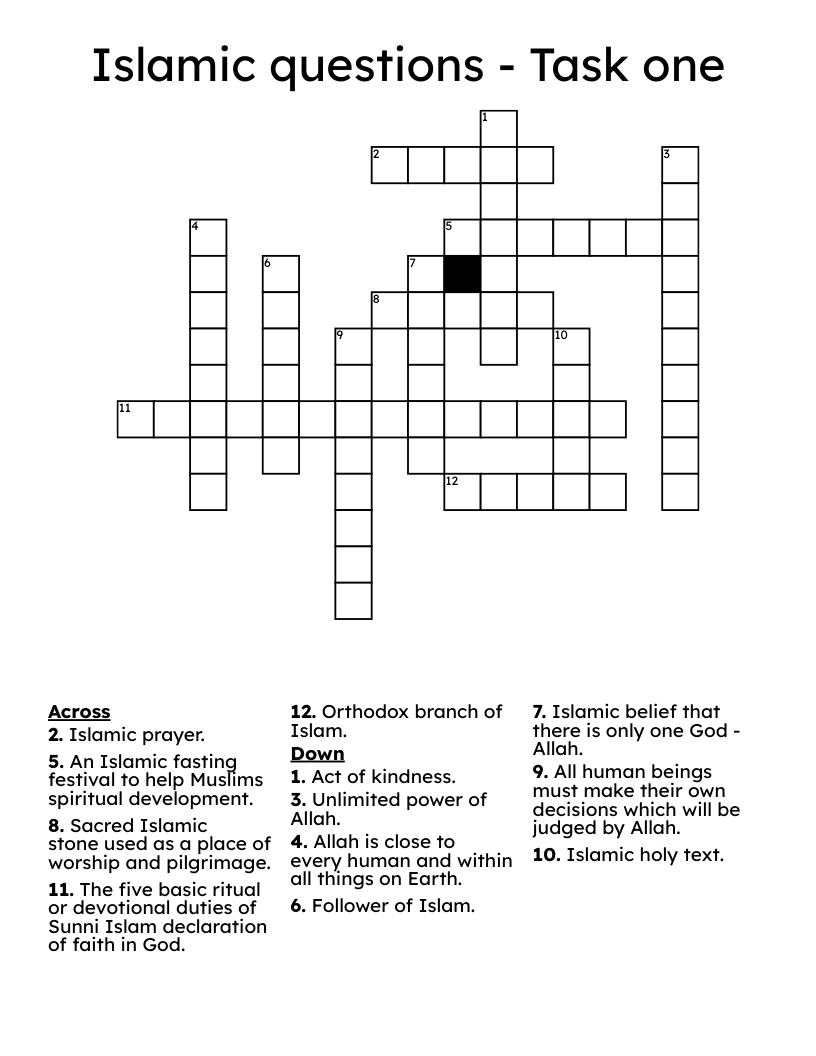 Islamic Questions Task One Crossword WordMint