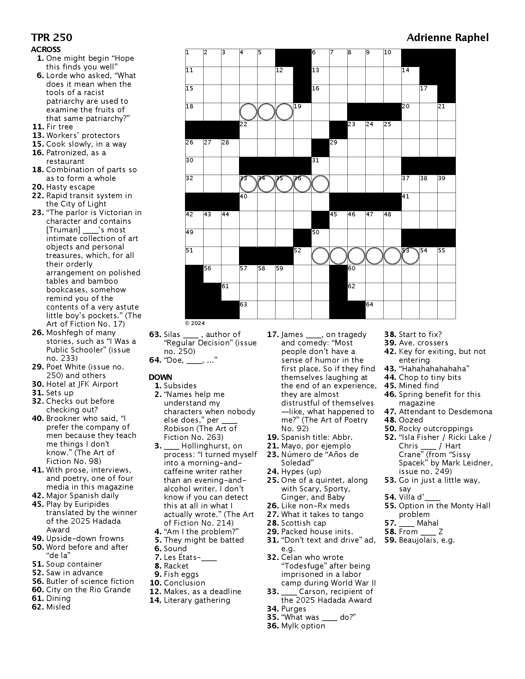 Issue No 250 A Crossword By Adrienne Raphel