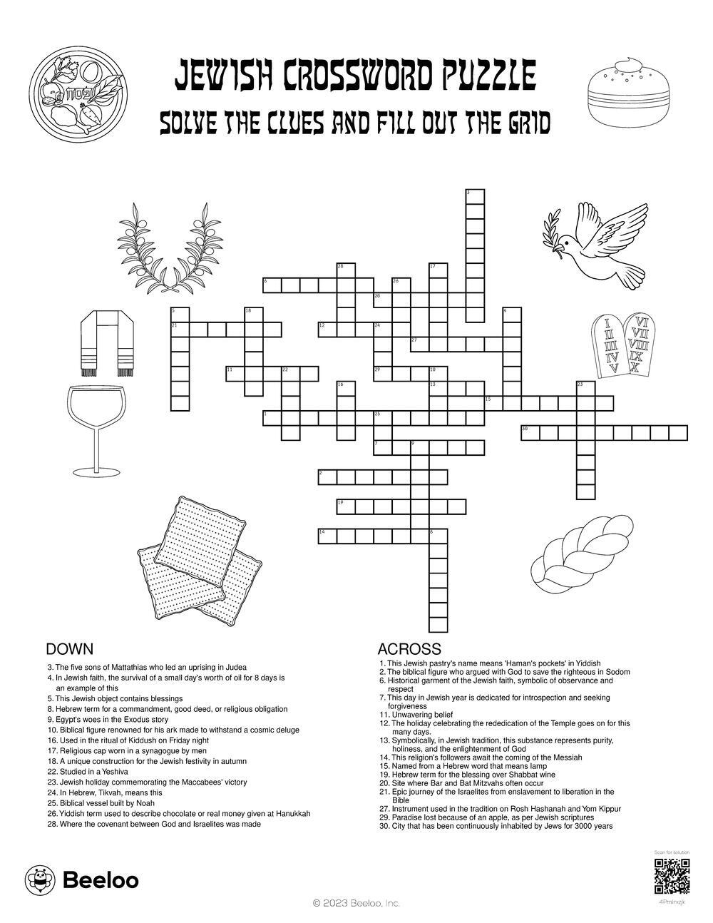 Jewish Crossword Puzzle Beeloo Printable Crafts And Activities For Kids