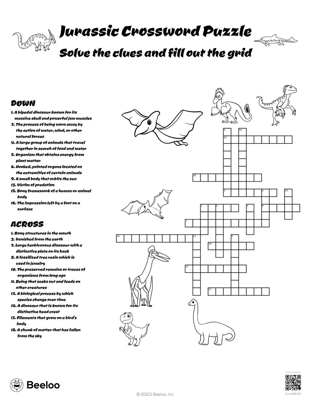 Jurassic Crossword Puzzle Beeloo Printable Crafts And Activities For Kids