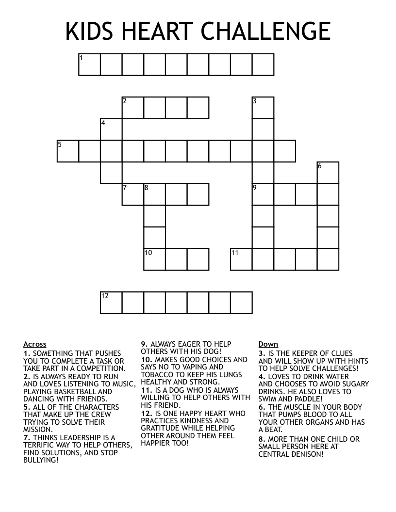 KIDS HEART CHALLENGE Crossword WordMint KIDS HEART CHALLENGE Crossword WordMint