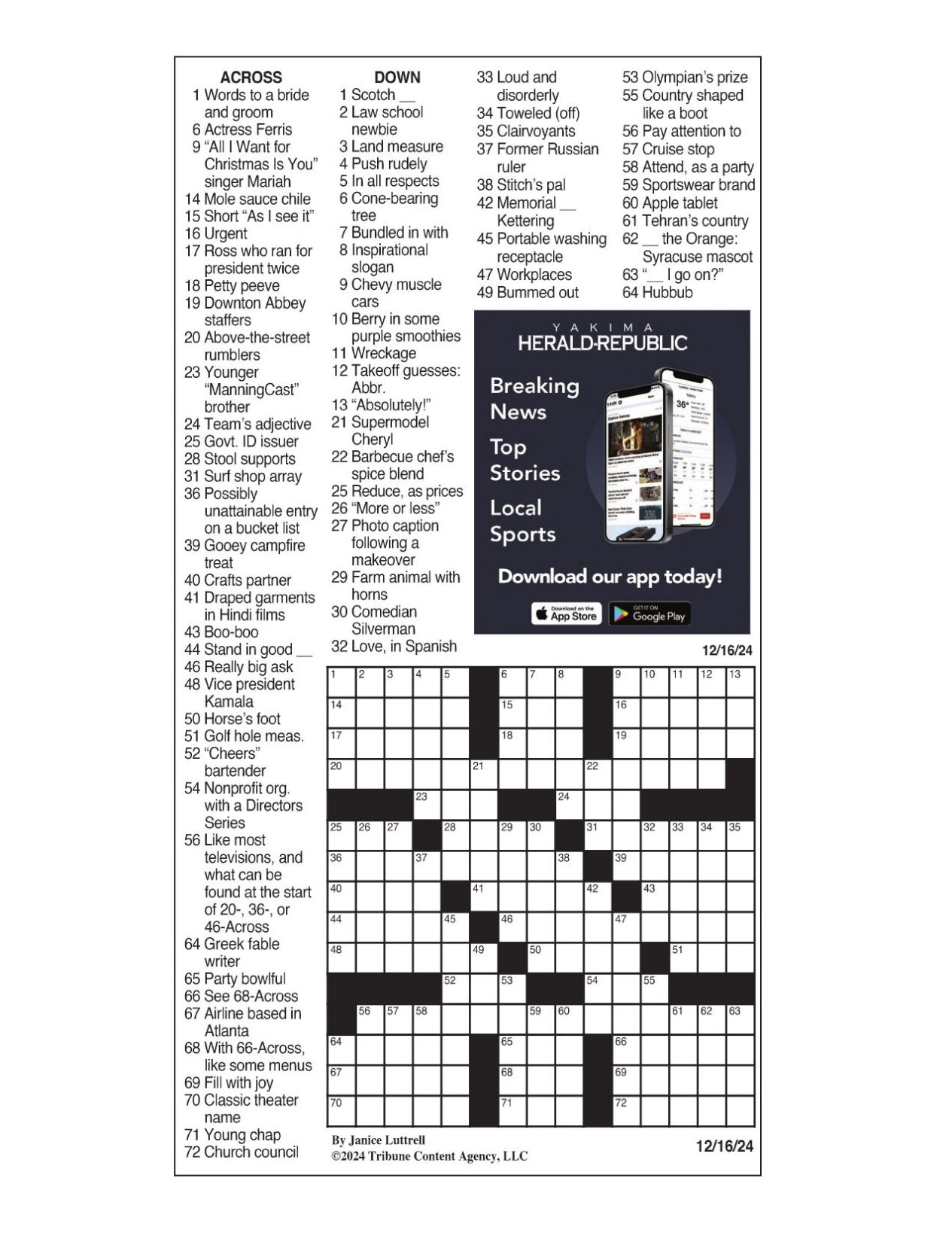 LA Times Crossword Dec 16 2024 Crosswords Yakimaherald