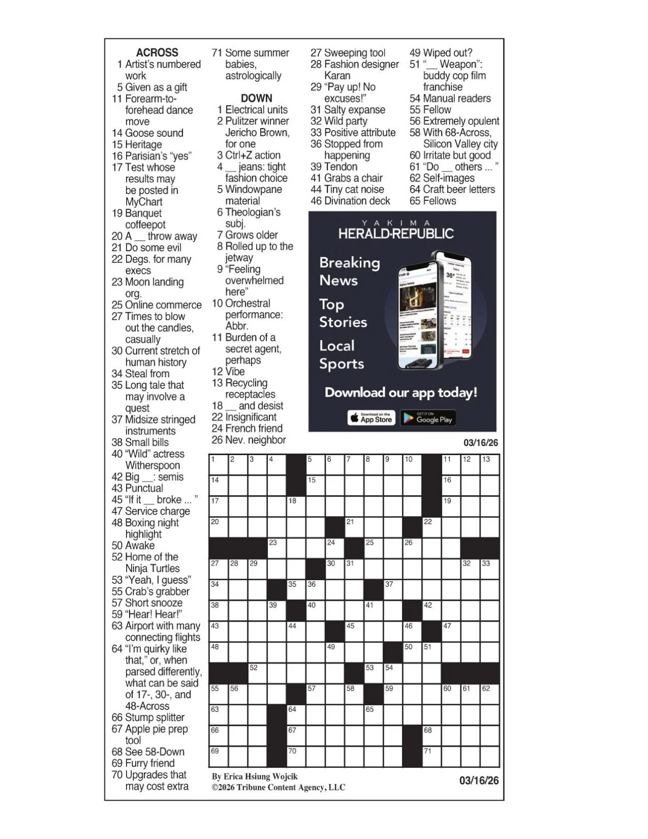 LA Times Crossword March 16 2026 Crosswords Yakimaherald
