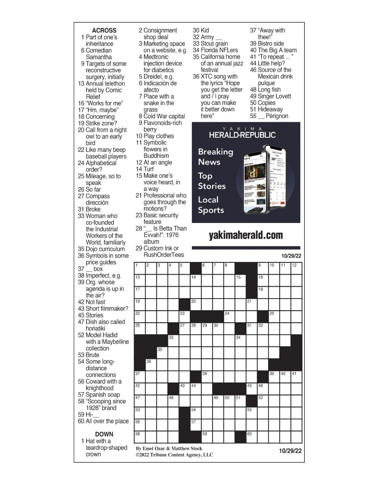 LA Times Crossword Oct 29 2022 Crosswords Yakimaherald