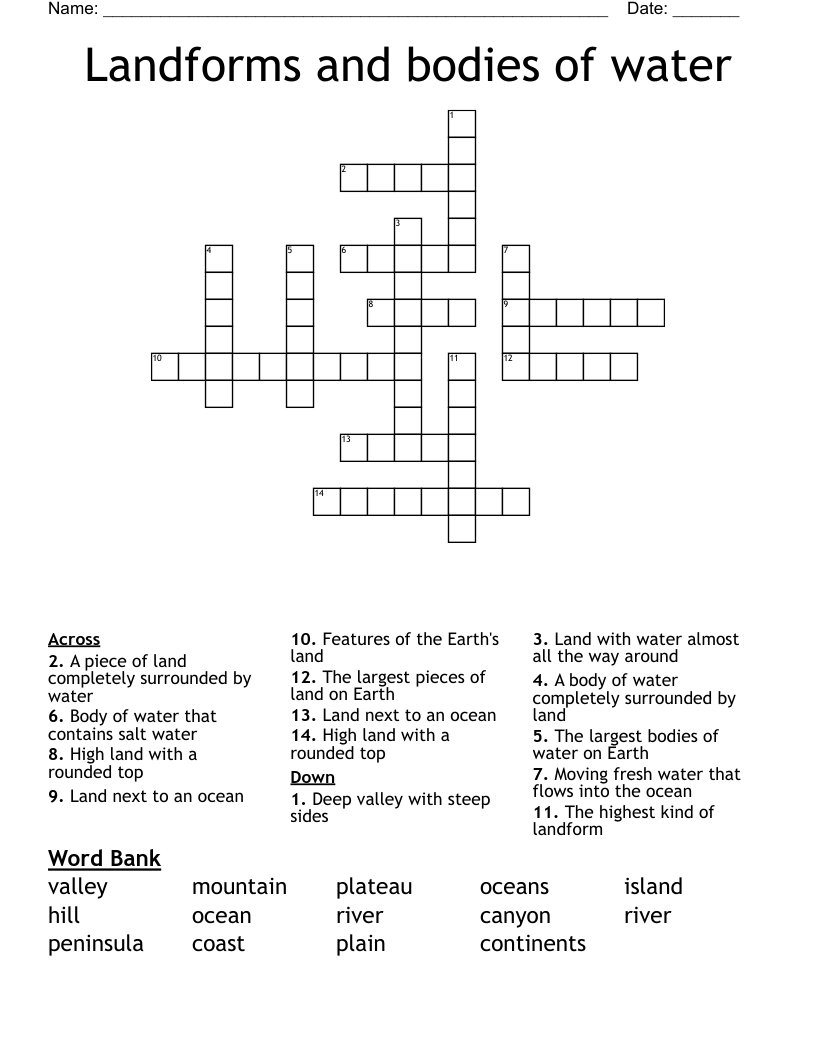 Landforms And Bodies Of Water Crossword WordMint Landforms And Bodies Of Water Crossword WordMint