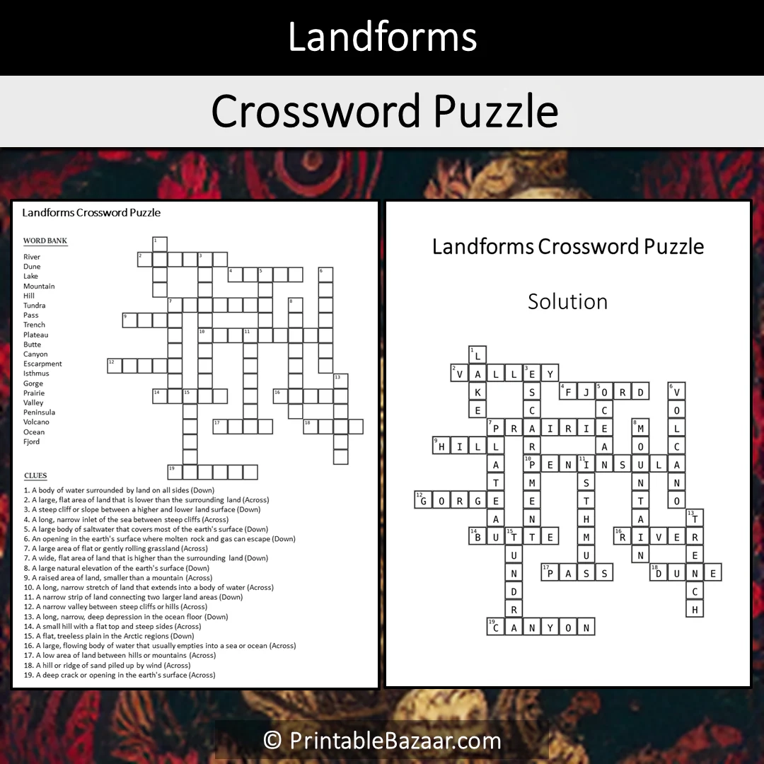Landforms Crossword Puzzle Worksheet Activity Printable PDF PrintableBazaar