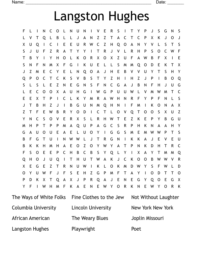 Langston Hughes Word Search WordMint Langston Hughes Word Search WordMint