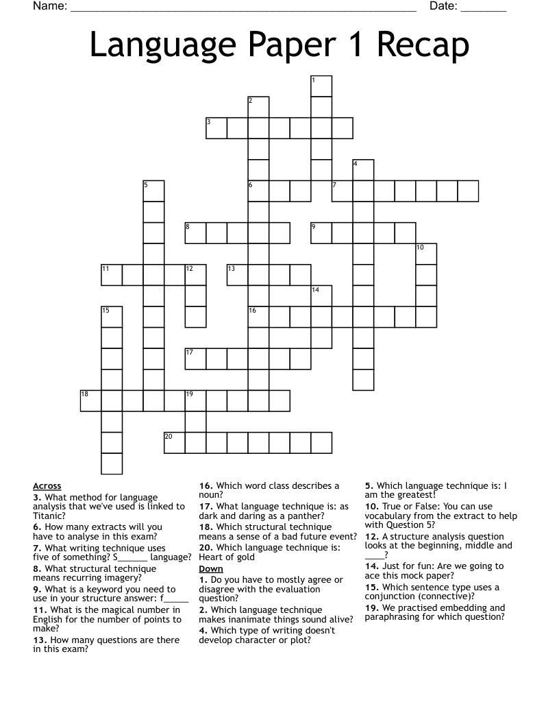 Language Paper 1 Recap Crossword WordMint