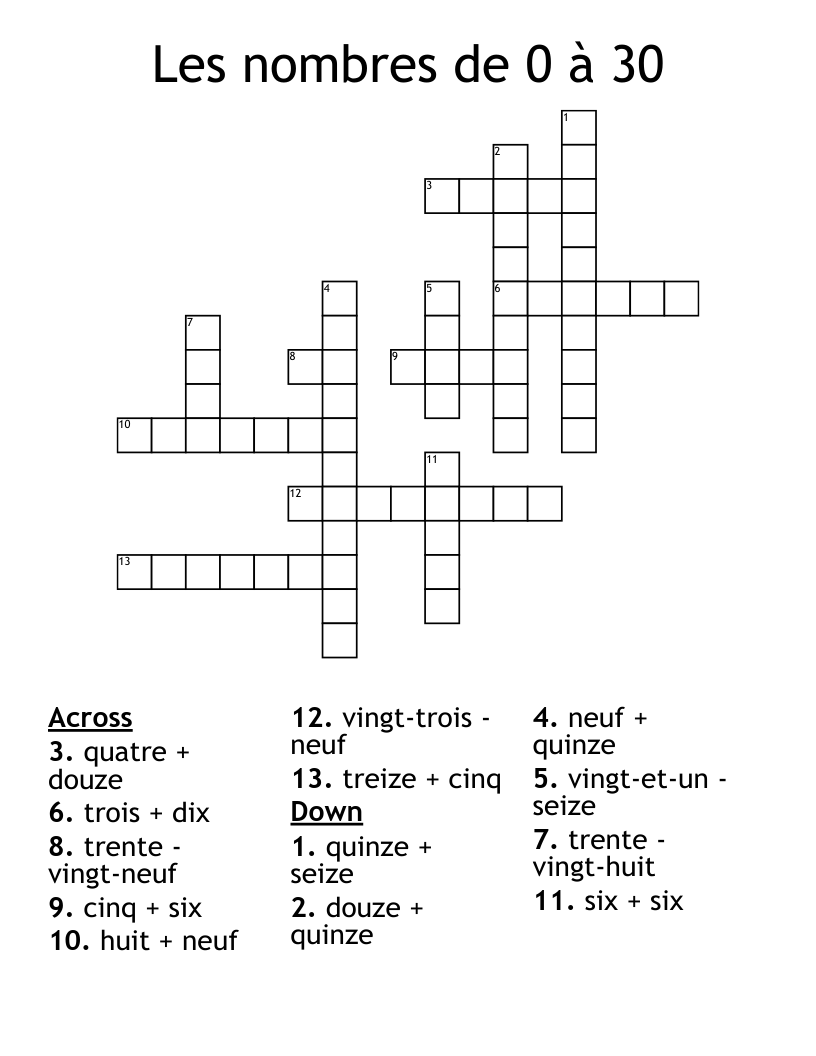 Les Nombres De 0 30 Crossword WordMint Les Nombres De 0 30 Crossword WordMint