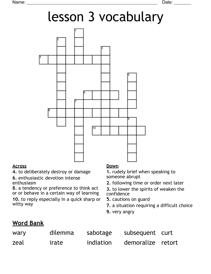Lesson 3 Vocabulary Crossword WordMint