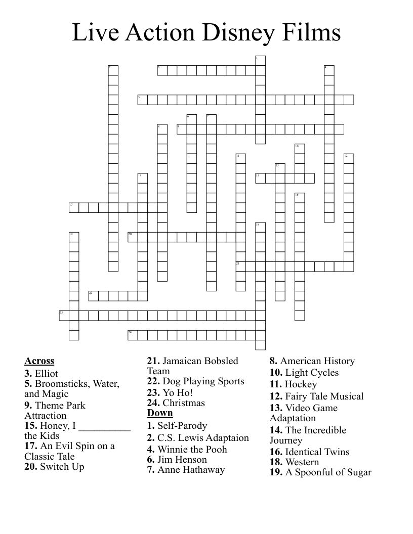 Live Action Disney Films Crossword WordMint
