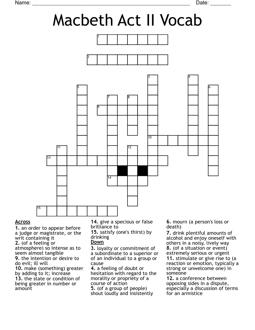 Macbeth Act II Vocab Crossword WordMint