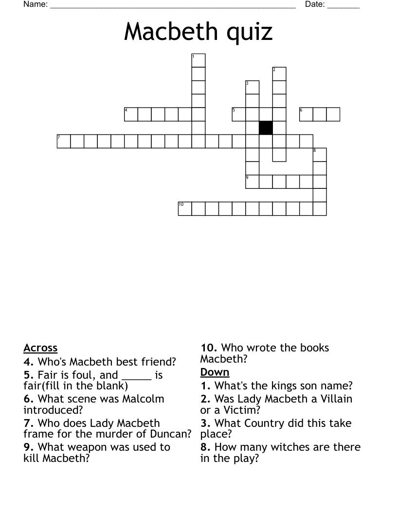 Macbeth Quiz Crossword WordMint