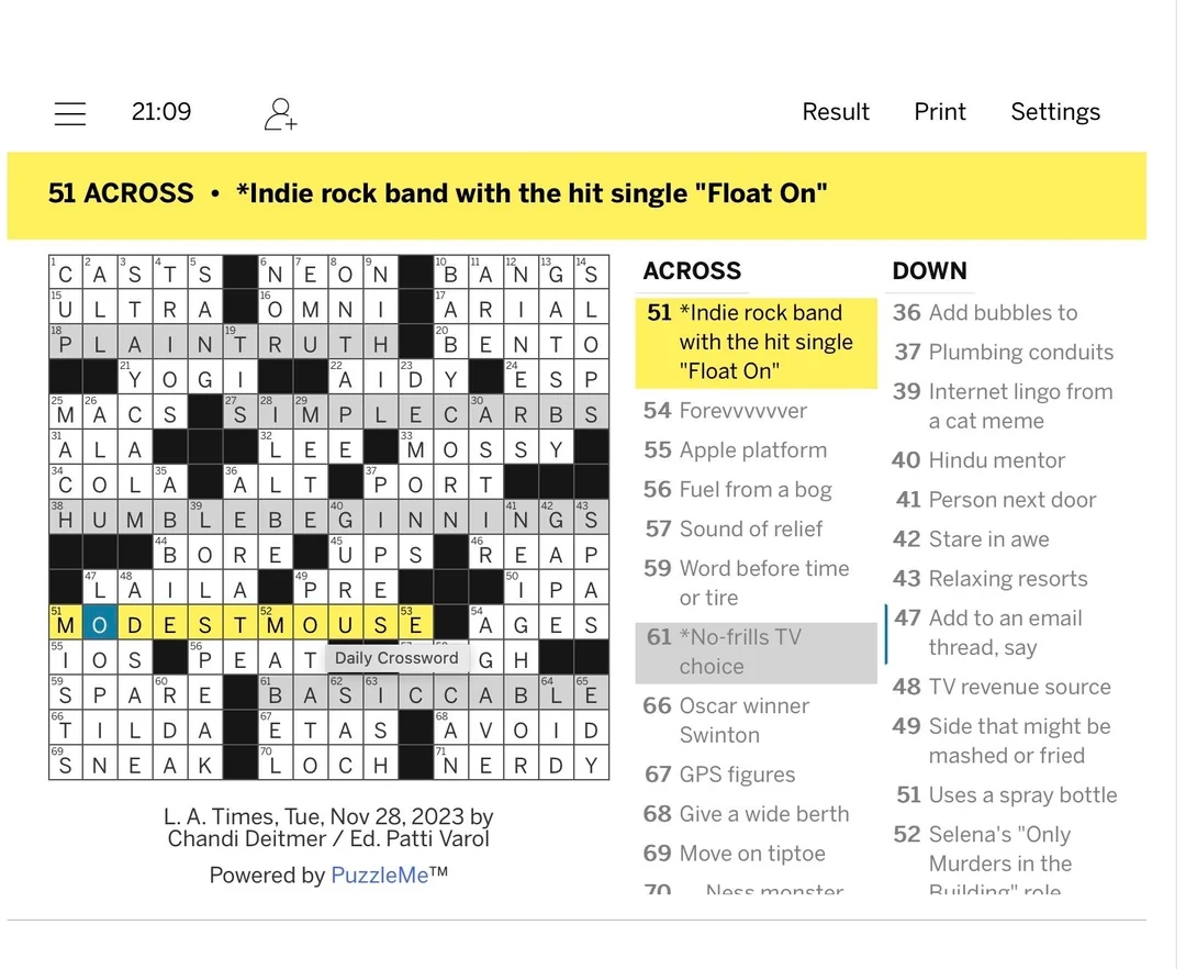 Made The LA Times Crossword Puzzle Today R ModestMouse