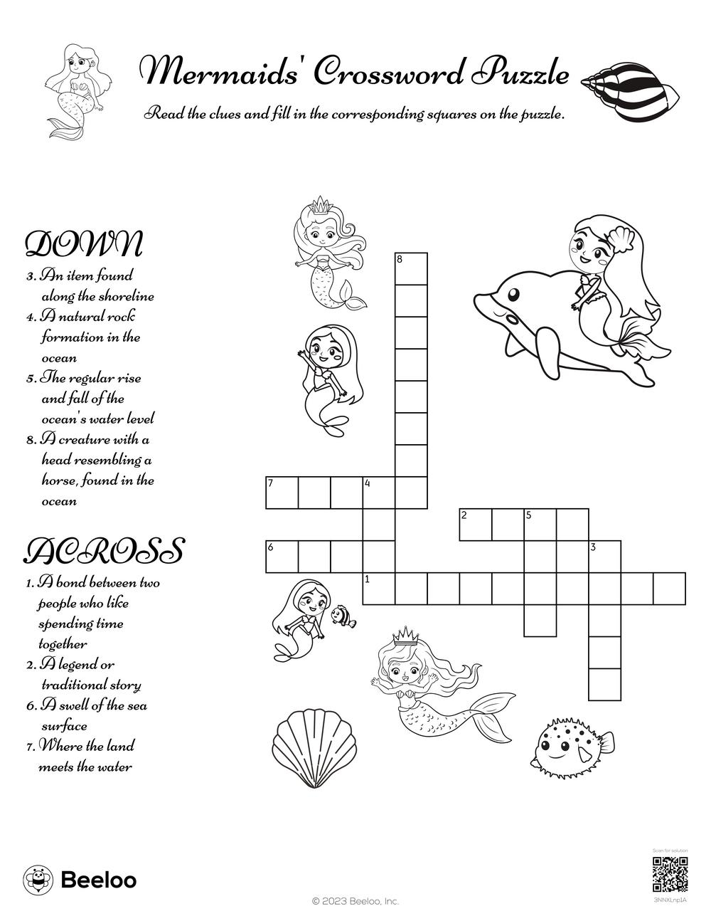 Mermaid themed Crossword Puzzles Beeloo Printable Crafts And Activities For Kids