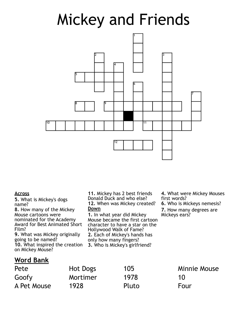 Mickey And Friends Crossword WordMint