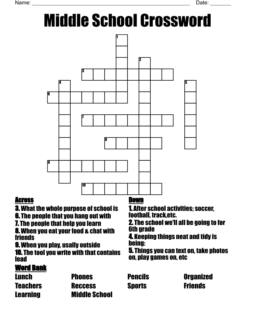 Middle School Crossword WordMint