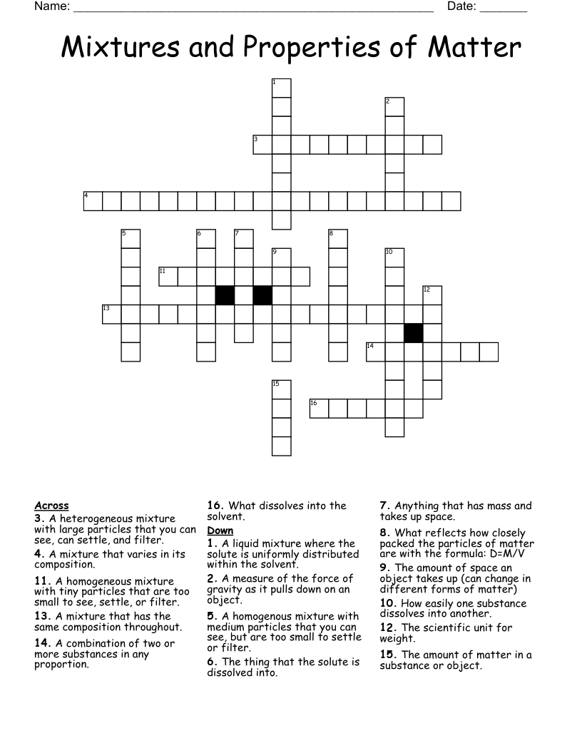 Mixtures And Properties Of Matter Crossword WordMint Mixtures And Properties Of Matter Crossword WordMint