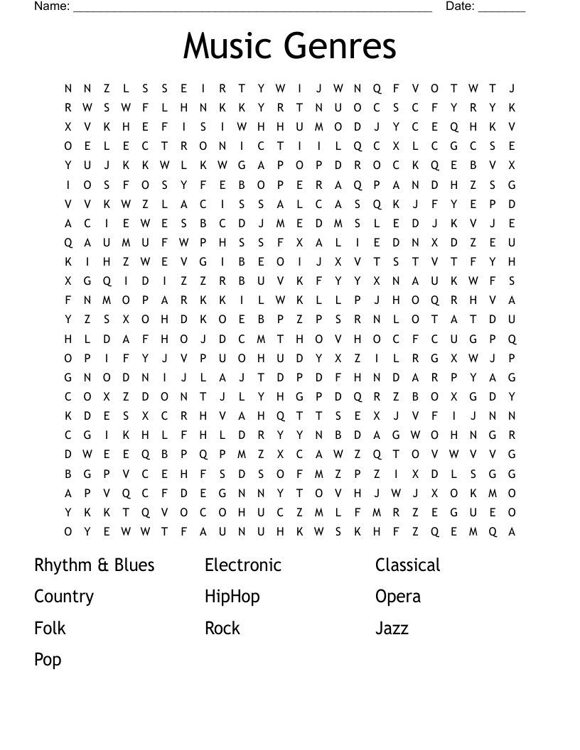 Music Genres Word Search WordMint