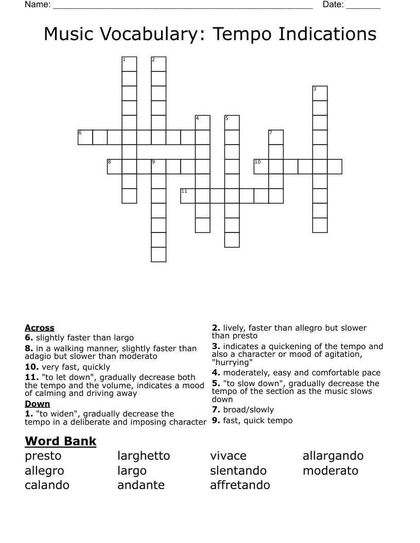Music Vocabulary Tempo Indications Crossword WordMint