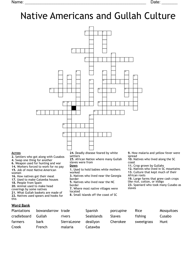 Native Americans And Gullah Culture Crossword WordMint